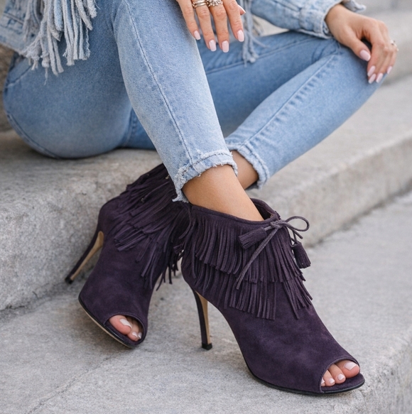 Manolo Blahnik Shoes - Manolo Blahnik Purple Suede Fringe Peep Toe Booties Tassel Stiletto Heels 40.5